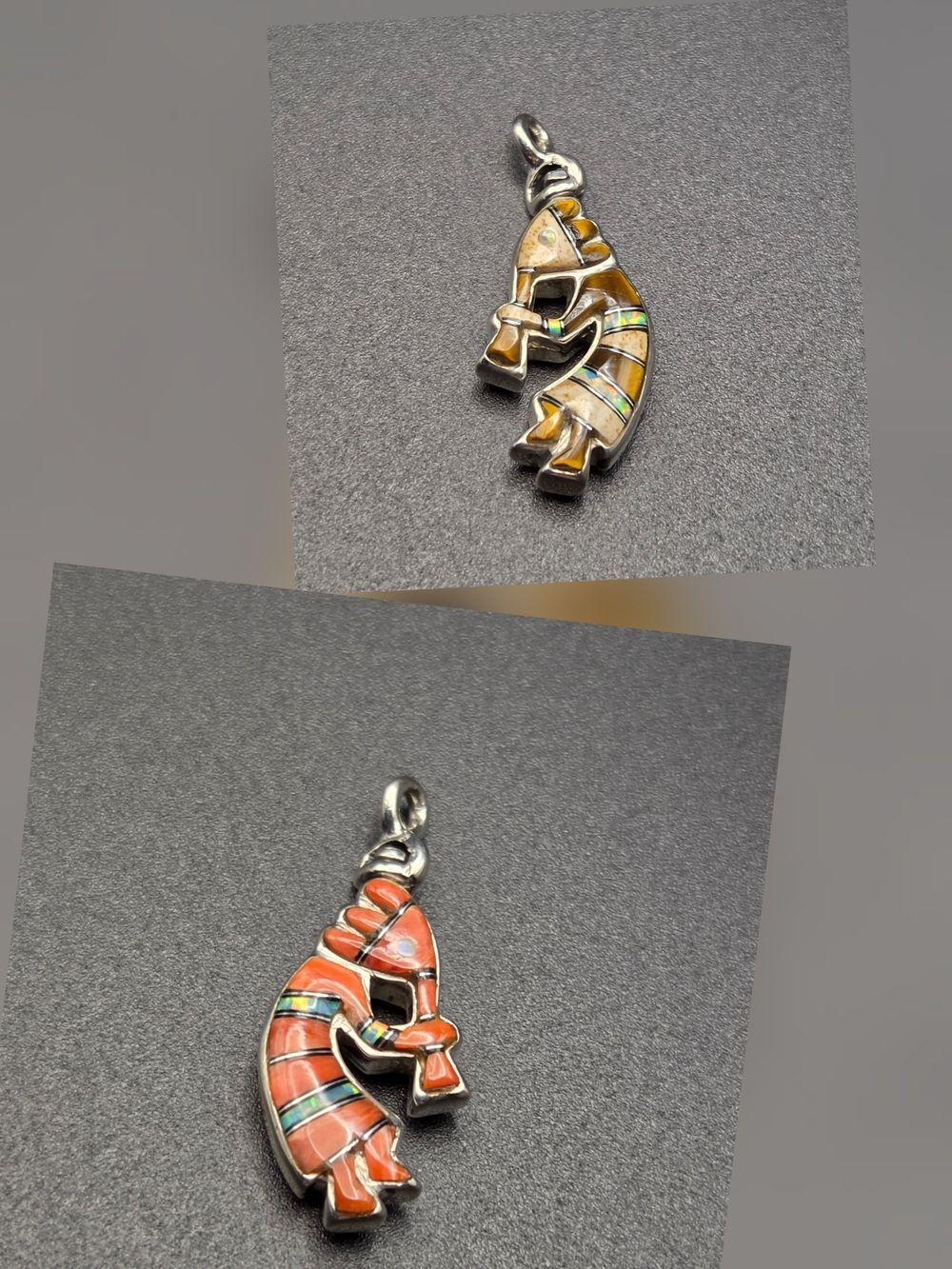Sterling Silver Reversible Kokopelli Pendant Spiny Oyster Jasper Opal Swivel